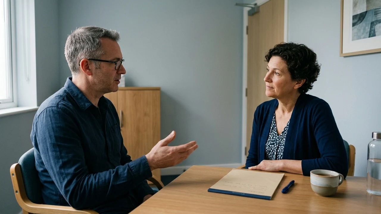 Conversación clínica sobre síntomas del sueño Profesional de salud y paciente conversan sentados en una consulta luminosa, con una libreta sin texto visible sobre la mesa.