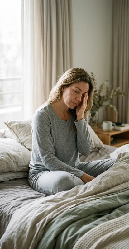 Persona adulta sentada en una cama al amanecer, tocándose suavemente la sien con aspecto de cansancio.