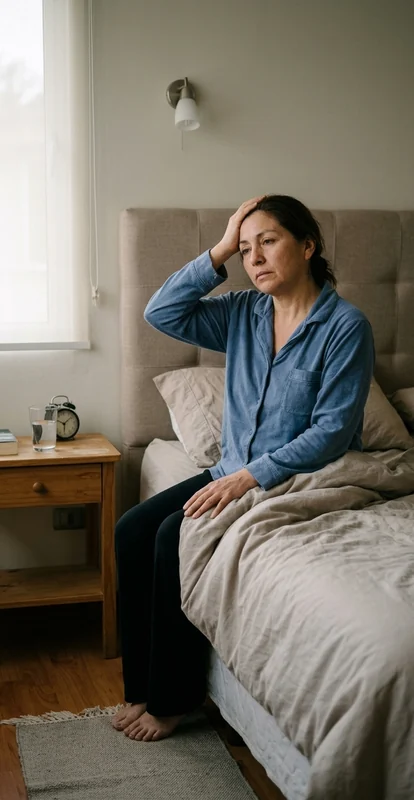 Mujer adulta incorporada en la cama al amanecer, con una mano en la sien tras despertar.