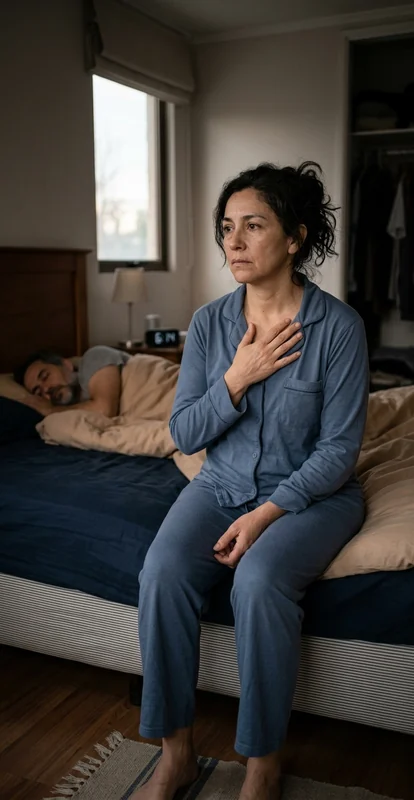 Descanso y preocupación cardiovascular Persona sentada en el borde de una cama al amanecer con una mano cerca del pecho; al fondo, otra persona duerme.