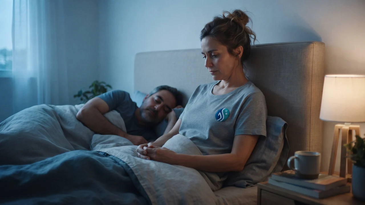 Pareja adulta en un dormitorio al amanecer; una persona está despierta junto a su pareja que duerme.