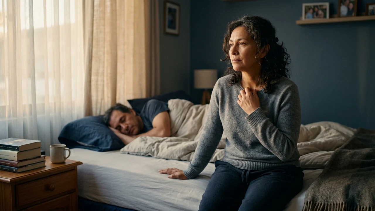 Reflexión sobre el descanso y la salud Persona sentada en el borde de una cama al amanecer, con expresión reflexiva, mientras otra persona descansa al fondo.